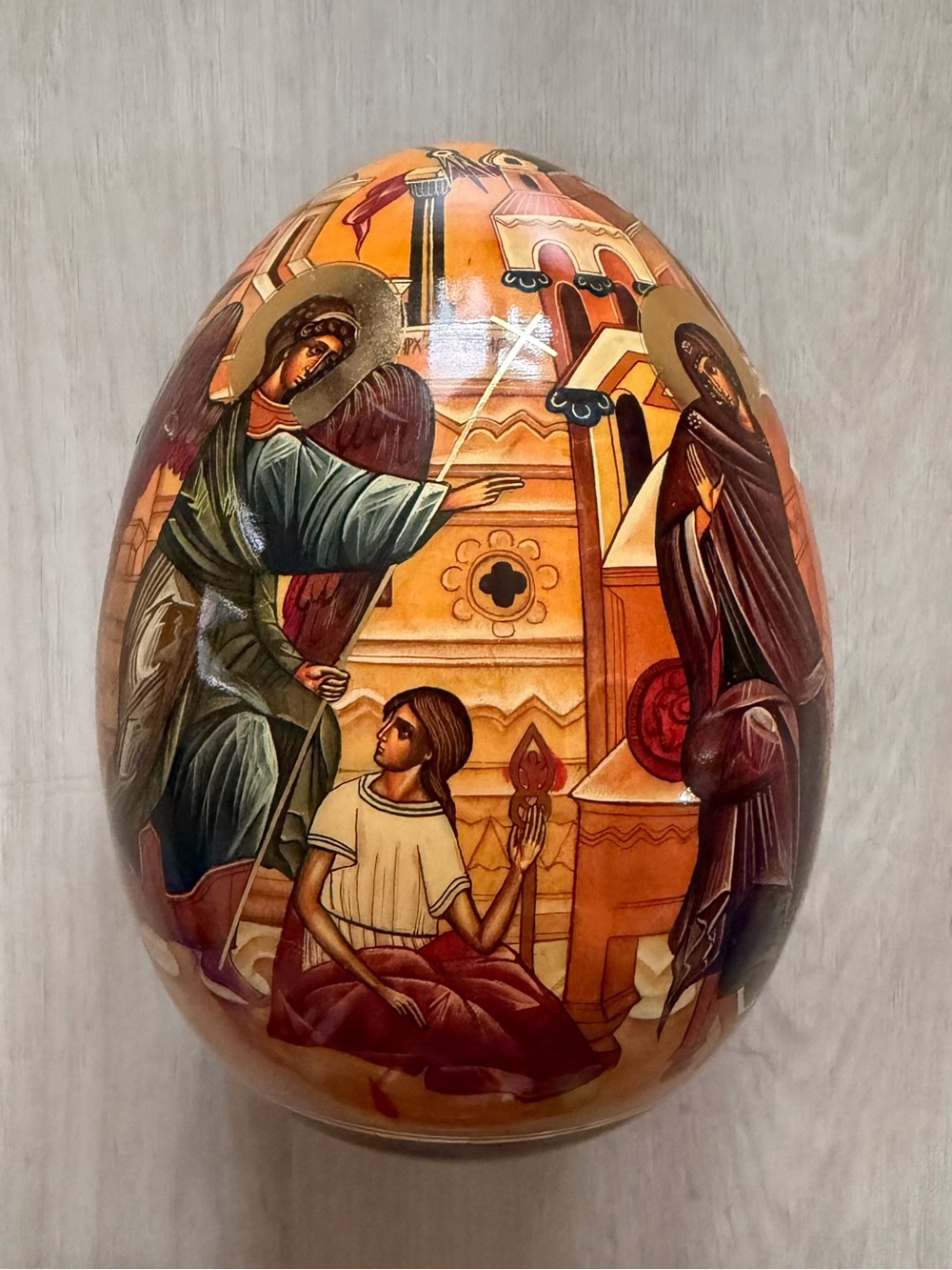 Vtg Russian Wooden Hand-Crafted Laquered Egg Annunciation Angel Orthodox